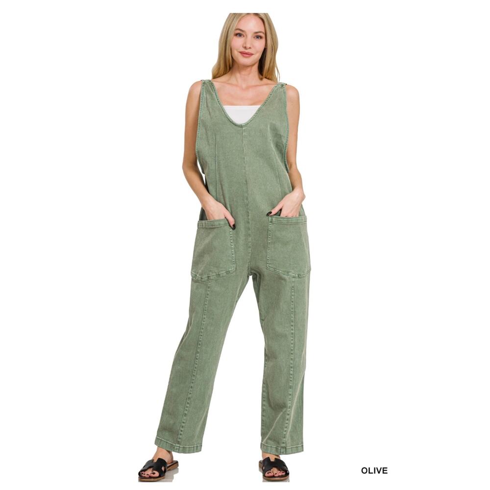 Zenana - Denim Overalls with Adjustable Strap Jumpsuit (Olive) - LARGE